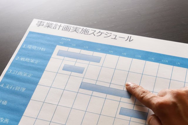 事業計画の実施スケジュール表を指で確認して進行状況をチェックしている様子