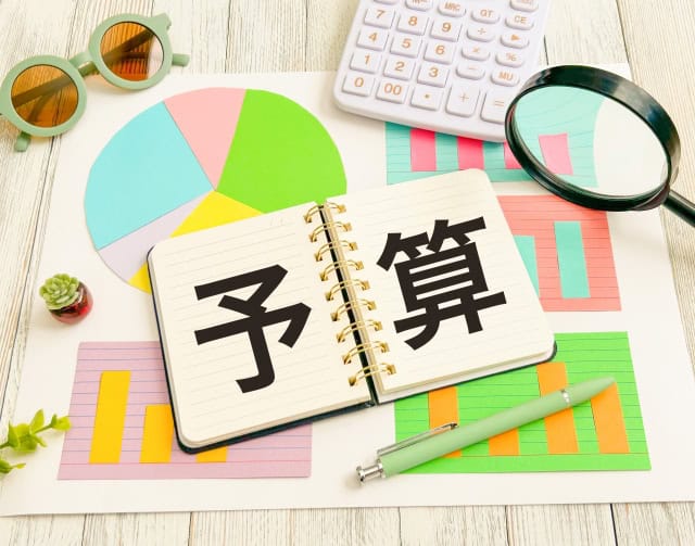 予算と書かれたノートを中心に、円グラフや棒グラフ、計算機を使って事業計画や費用配分を検討しているイメージ