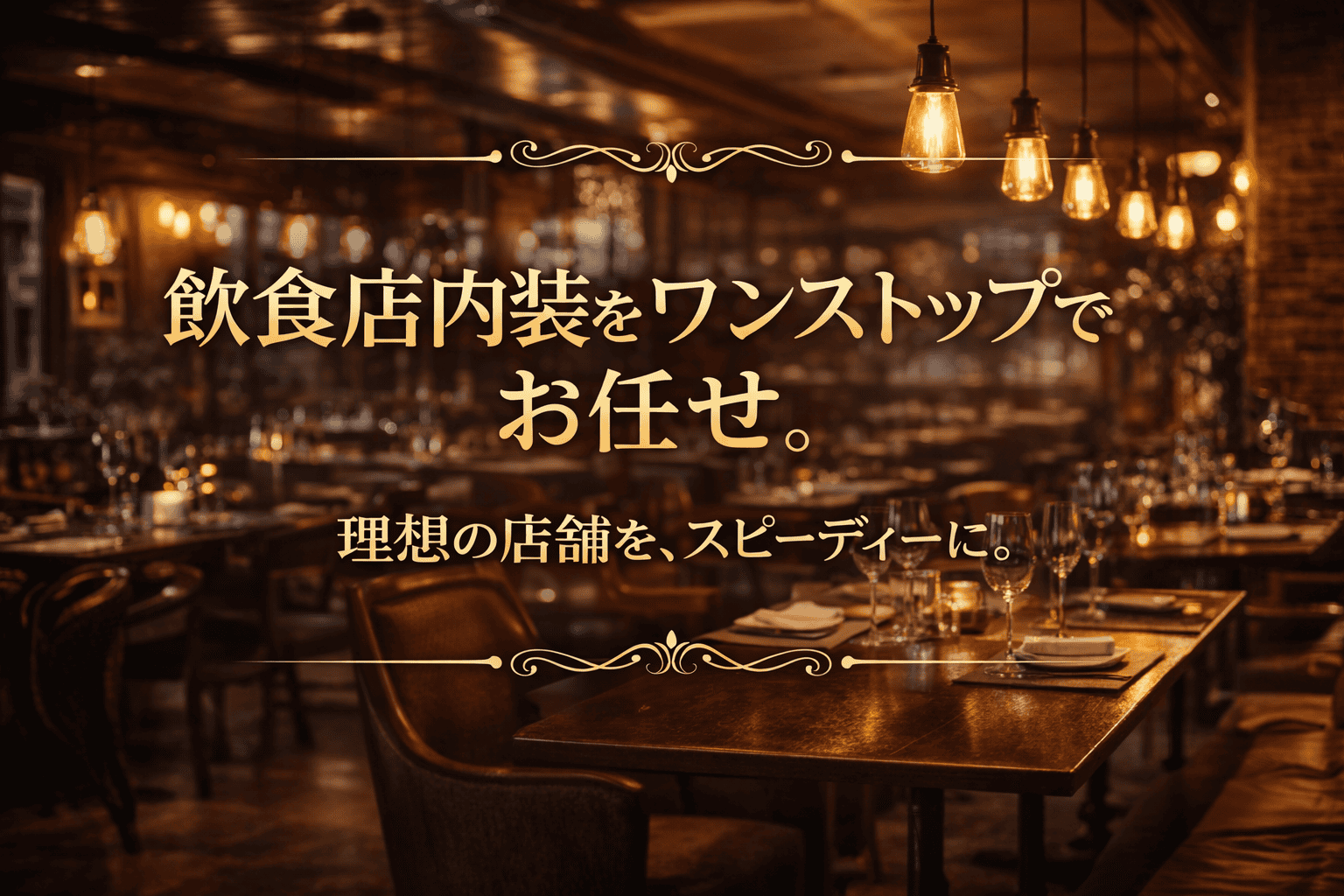 飲食店内装をワンストップで支援するサービスのトップページバナー。落ち着いたレストラン内装の写真に「飲食店内装をワンストップでお任せ」「理想の店舗を、スピーディーに。」の文字。