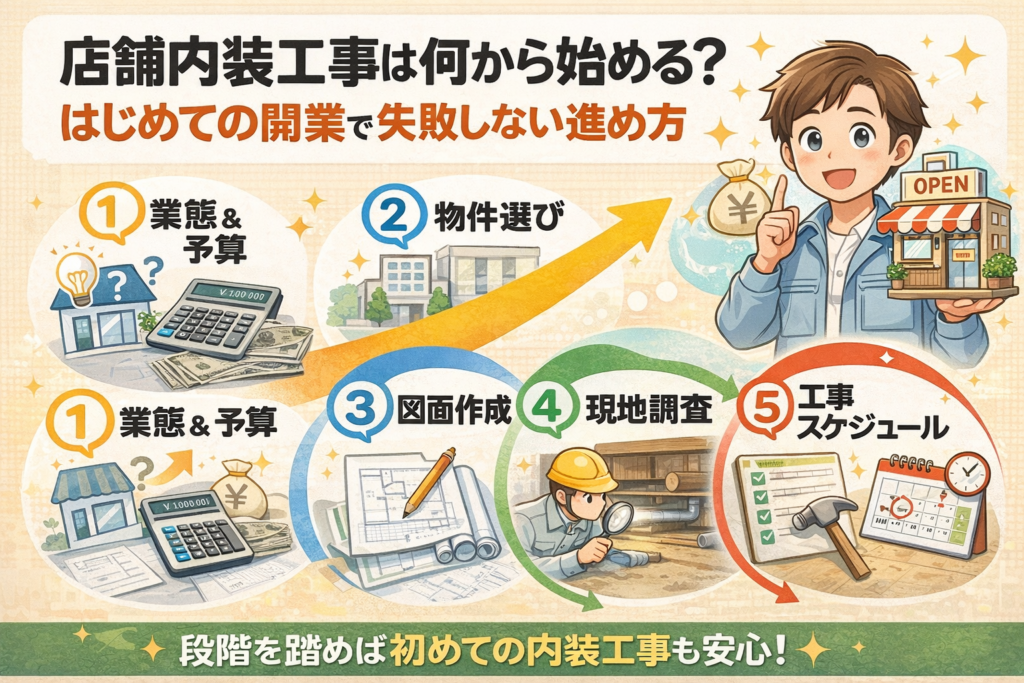 業態と予算決定から物件選び、図面作成、現地調査、工事スケジュールまで、店舗内装工事の流れをイラストで示した開業準備ステップ図。