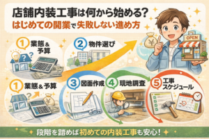業態と予算決定から物件選び、図面作成、現地調査、工事スケジュールまで、店舗内装工事の流れをイラストで示した開業準備ステップ図。
