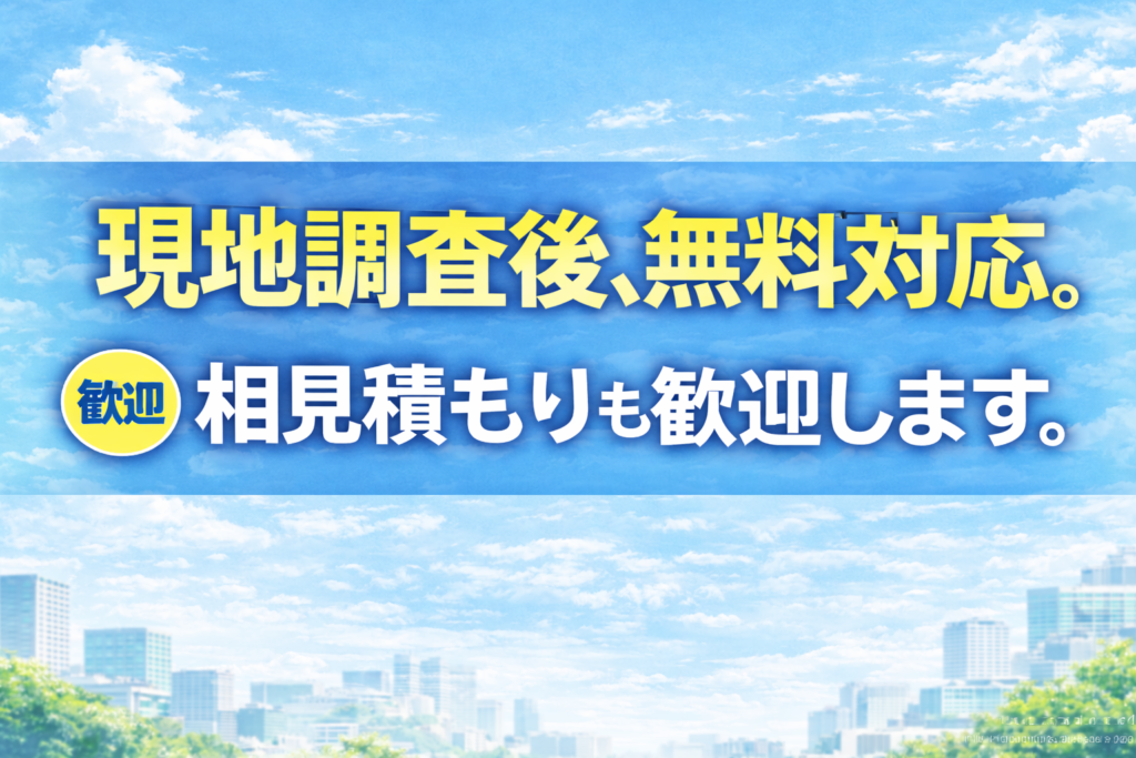 現地調査後無料対応と相見積歓迎を告知する青空背景のバナー画像。黄色と白の大きな文字で「現地調査後、無料対応。相見積もりも歓迎します。」と表示。