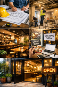 店舗内装工事の設計から施工、完成、開業準備までの流れを示したイメージ写真