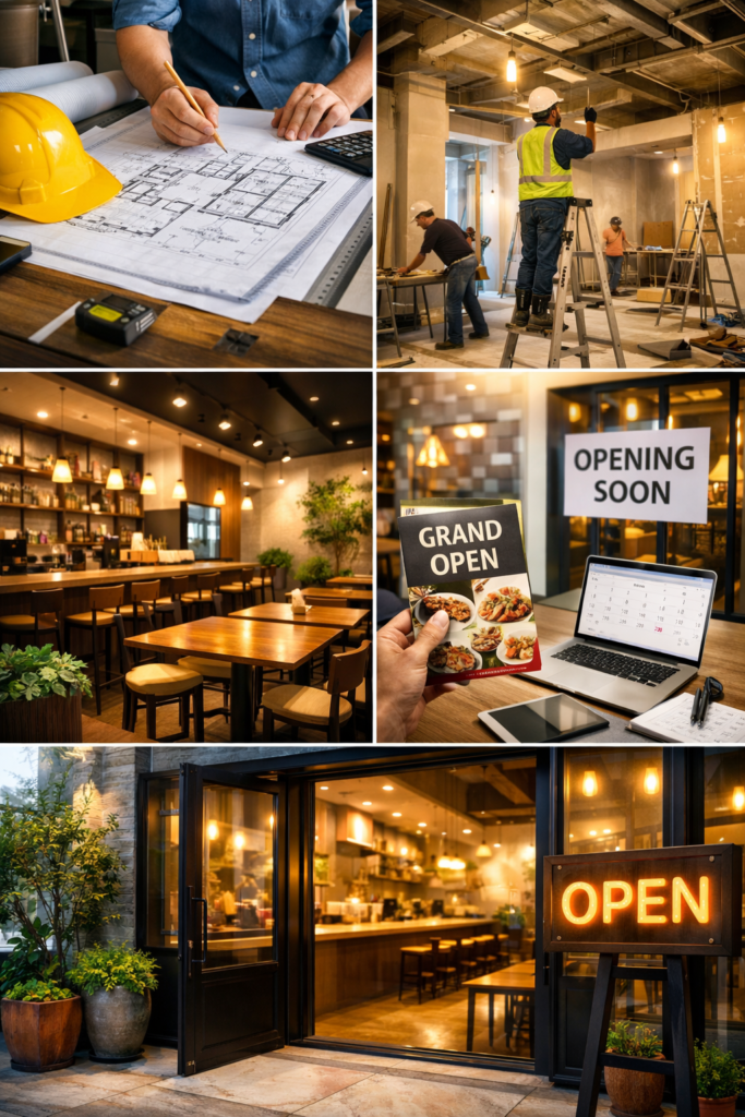 店舗内装工事の設計から施工、完成、開業準備までの流れを示したイメージ写真