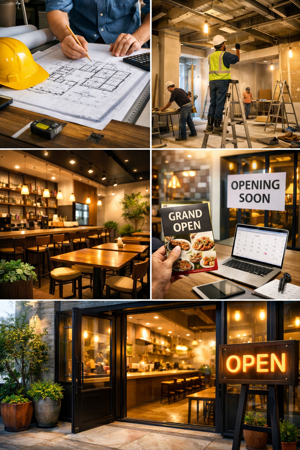 店舗内装工事の設計から施工、完成、開業準備までの流れを示したイメージ写真