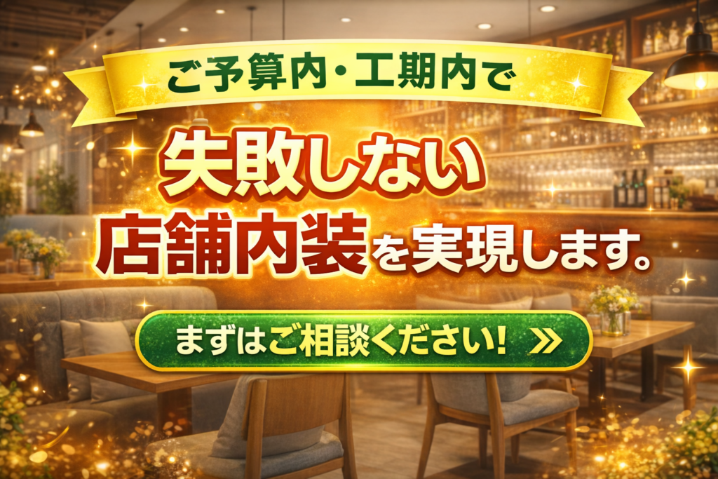 温かみのあるカフェ内装を背景に、「ご予算内・工期内で、失敗しない店舗内装を実現します。まずはご相談ください!」と大きく訴求する店舗内装サービスのバナー広告。